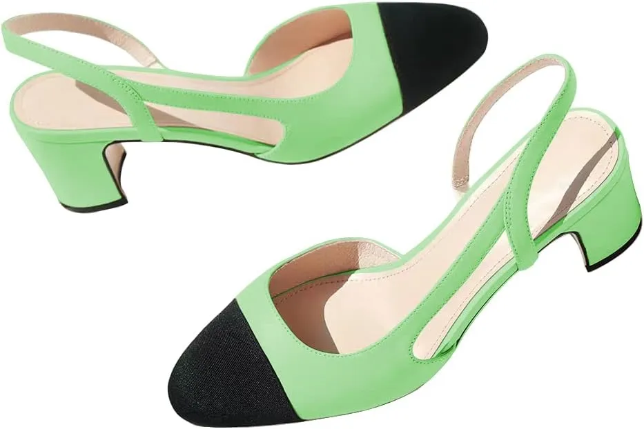 JANSEVEN Slingback Shoes For Women Heels Chunky Pumps Block Heel Two Straps Heeled Sandals Almond Cap Toe Pump Splicing Two Tone Dress Office Shoes