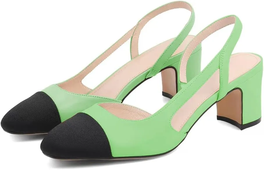 JANSEVEN Slingback Shoes For Women Heels Chunky Pumps Block Heel Two Straps Heeled Sandals Almond Cap Toe Pump Splicing Two Tone Dress Office Shoes