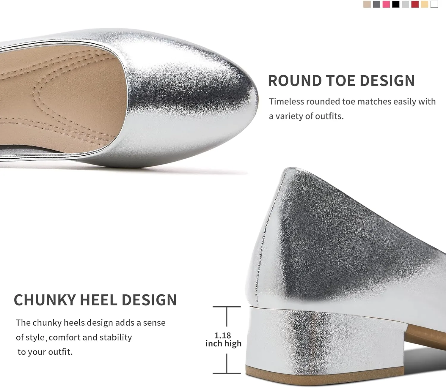 Jeekopeg Low Chunky Pumps Women's Round Toe Heels PU Leather Chunky Pump Shoes Classic Closed Toe Pumps Low Heel Dress Shoes for Women