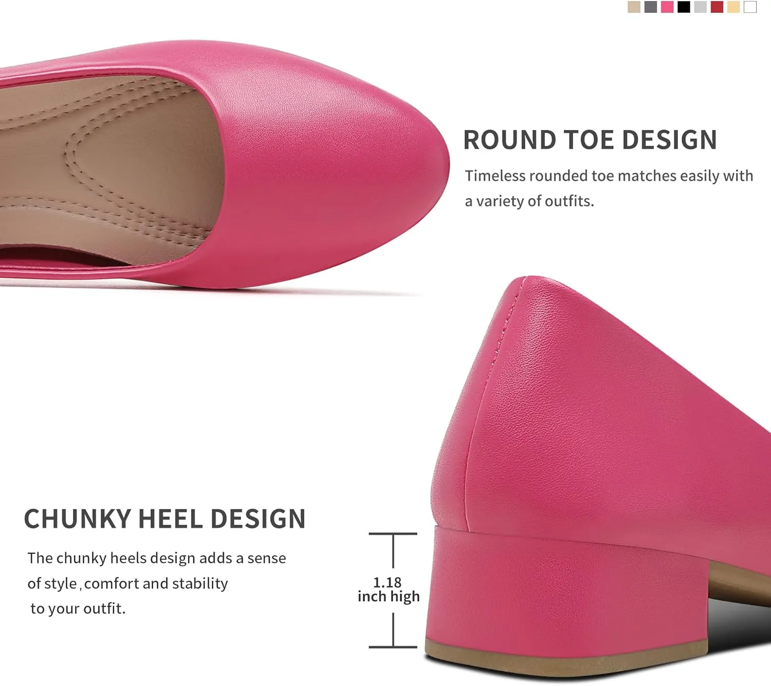 Jeekopeg Low Chunky Pumps Women's Round Toe Heels PU Leather Chunky Pump Shoes Classic Closed Toe Pumps Low Heel Dress Shoes for Women