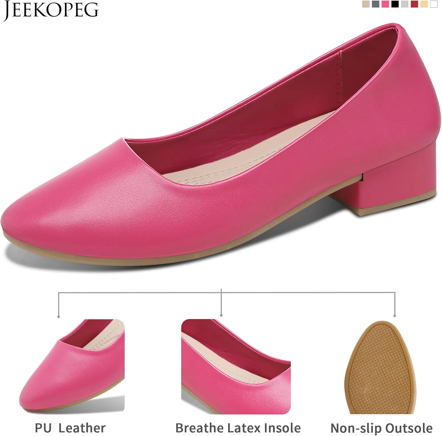 Jeekopeg Low Chunky Pumps Women's Round Toe Heels PU Leather Chunky Pump Shoes Classic Closed Toe Pumps Low Heel Dress Shoes for Women
