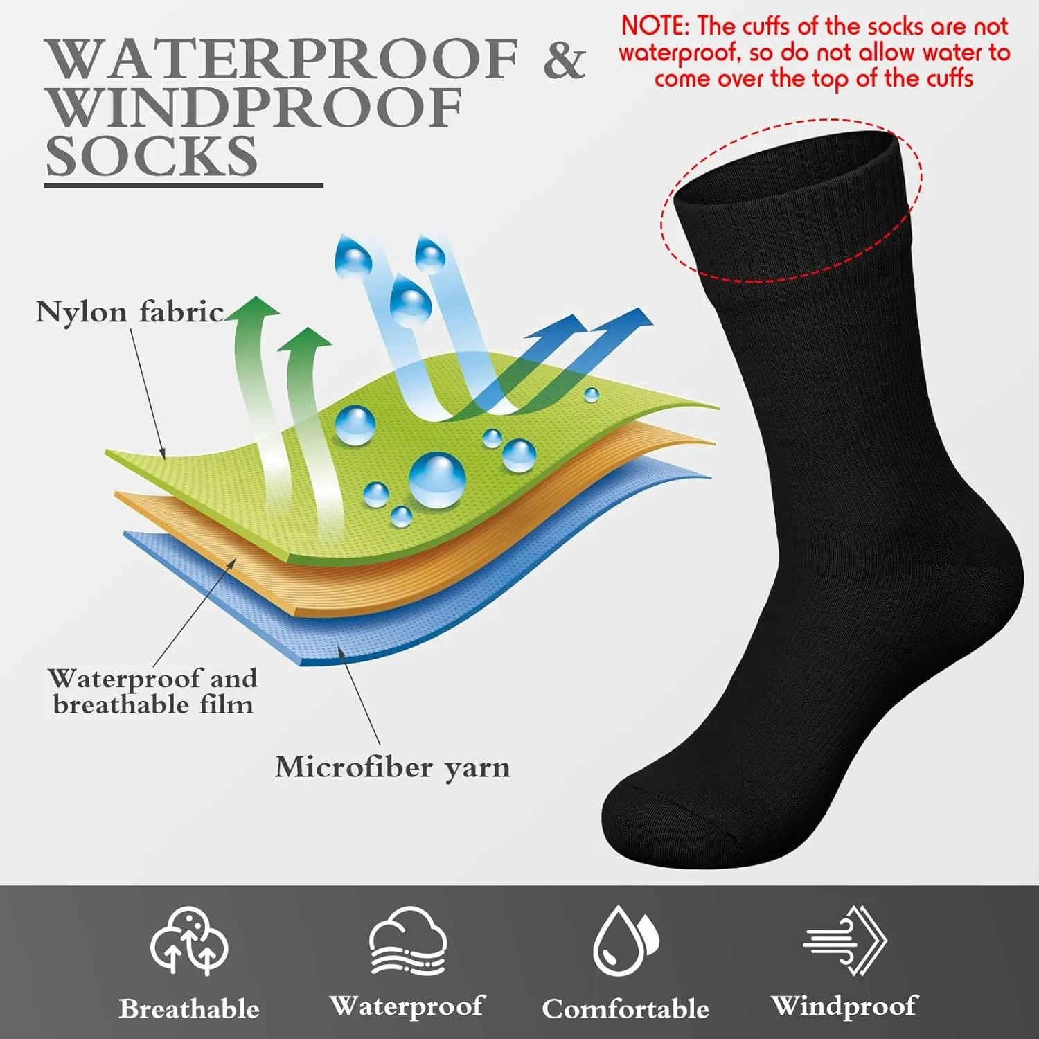 Jeyiour 2 Pairs Waterproof Socks Unisex Waterproof Breathable Outdoor Skiing Hiking Wading Fishing Socks for Men Women