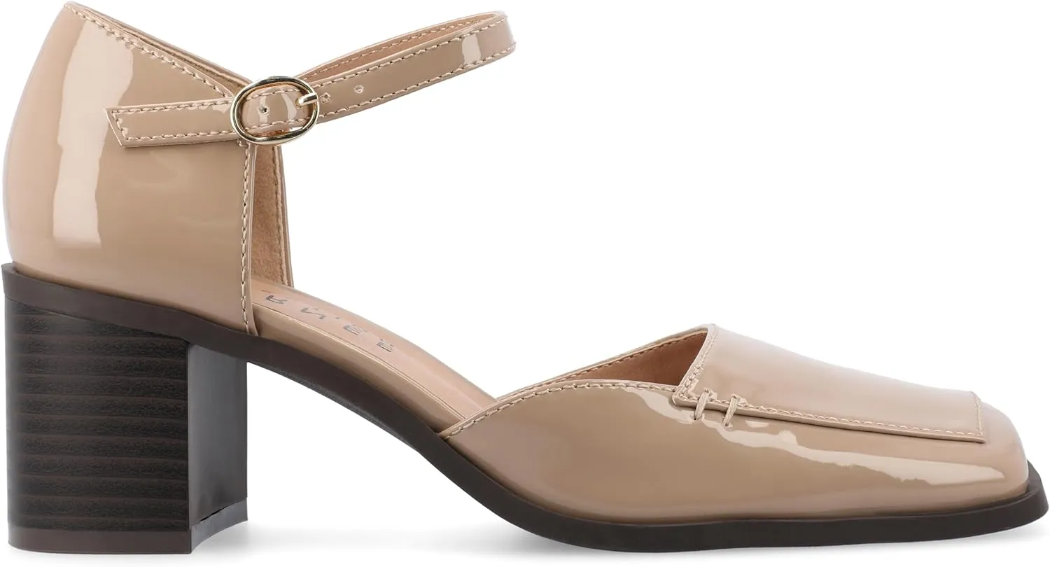 Journee Collection Womens Buckle Strap Open Square Toe Chunky Stacked Block Heel Evangeline Comfort Foam Pumps