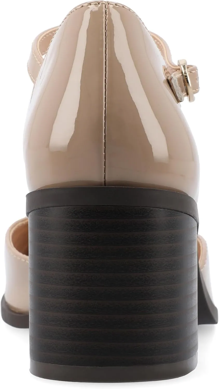 Journee Collection Womens Buckle Strap Open Square Toe Chunky Stacked Block Heel Evangeline Comfort Foam Pumps