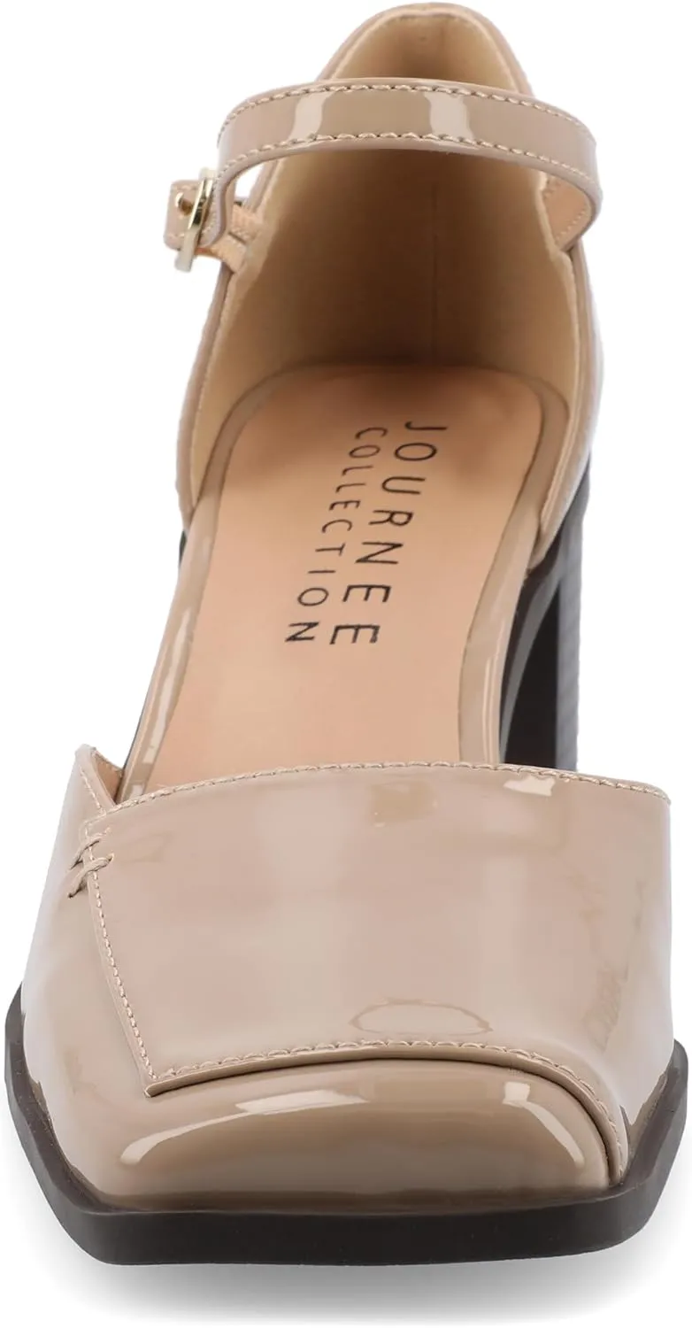 Journee Collection Womens Buckle Strap Open Square Toe Chunky Stacked Block Heel Evangeline Comfort Foam Pumps