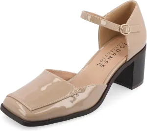 Journee Collection Womens Buckle Strap Open Square Toe Chunky Stacked Block Heel Evangeline Comfort Foam Pumps