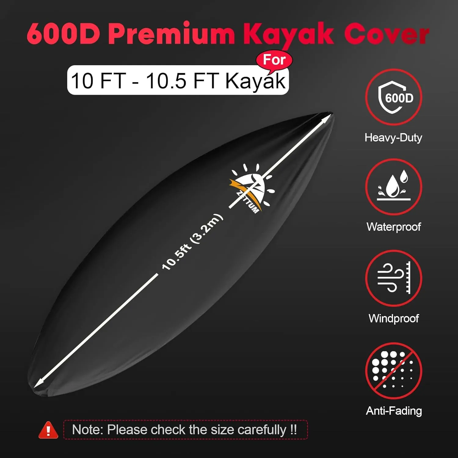 Kayak Cover 10.5 FT - 600D Heavy Duty & Waterproof Canoe Cover for Outdoor Storage, Fade-Resistant Accessory for Paddle Board, SUP, and Boat (Fit 10ft - 10.5ft)