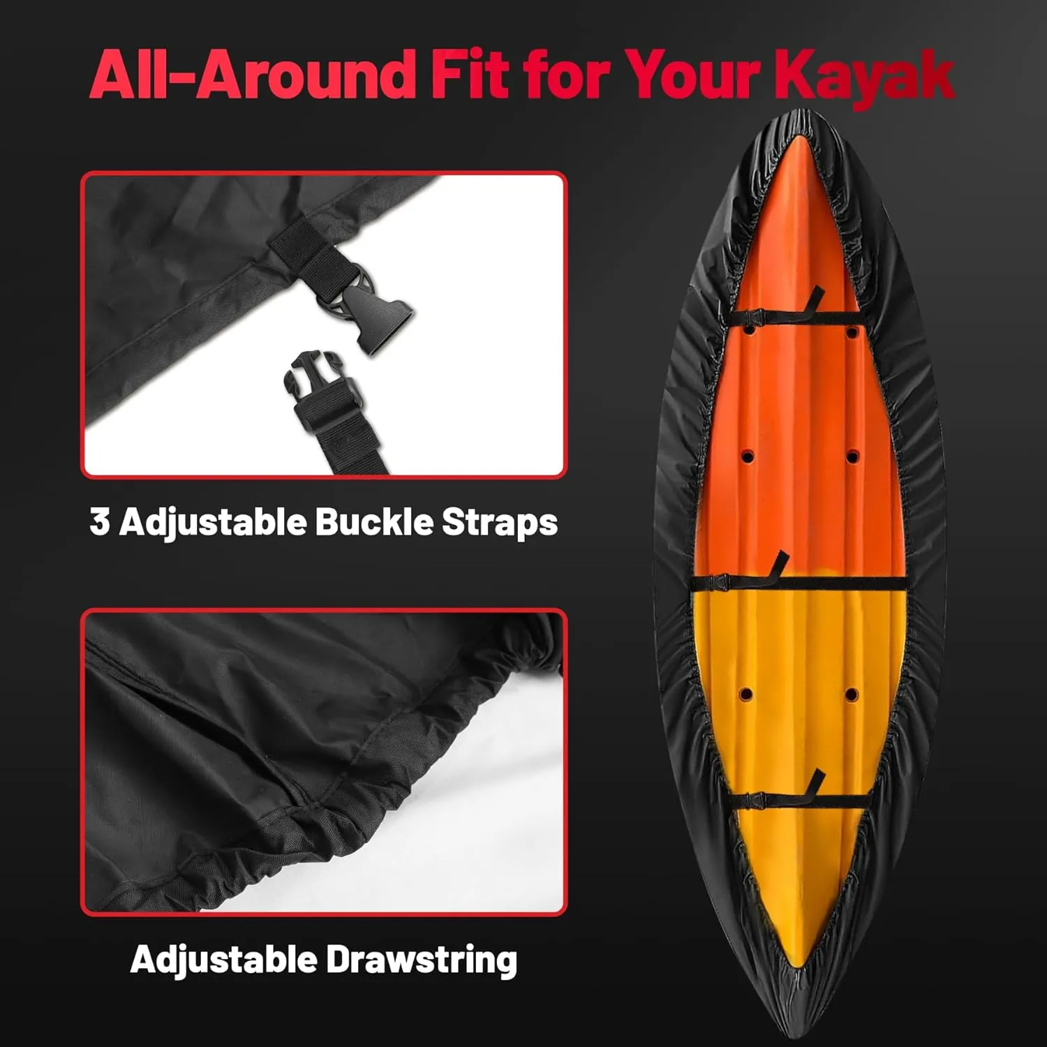 Kayak Cover 10.5 FT - 600D Heavy Duty & Waterproof Canoe Cover for Outdoor Storage, Fade-Resistant Accessory for Paddle Board, SUP, and Boat (Fit 10ft - 10.5ft)