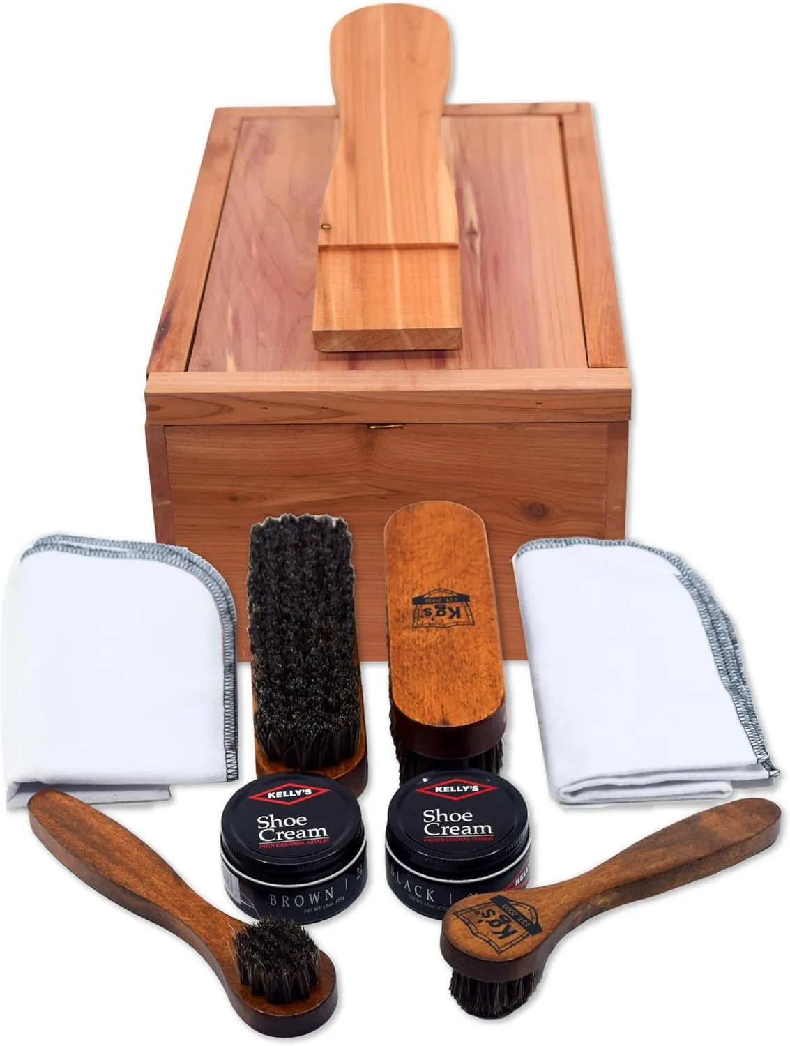 Kg's Deluxe Shoe Shine Kit – Professional Shoe Care Kit Includes Brown & Black Shoe Polish, Horsehair Shoe Shine Brush (2), Shoe Shine Cloth (2), Horsehair Polish Applicator (2), & Shoe Valet Box
