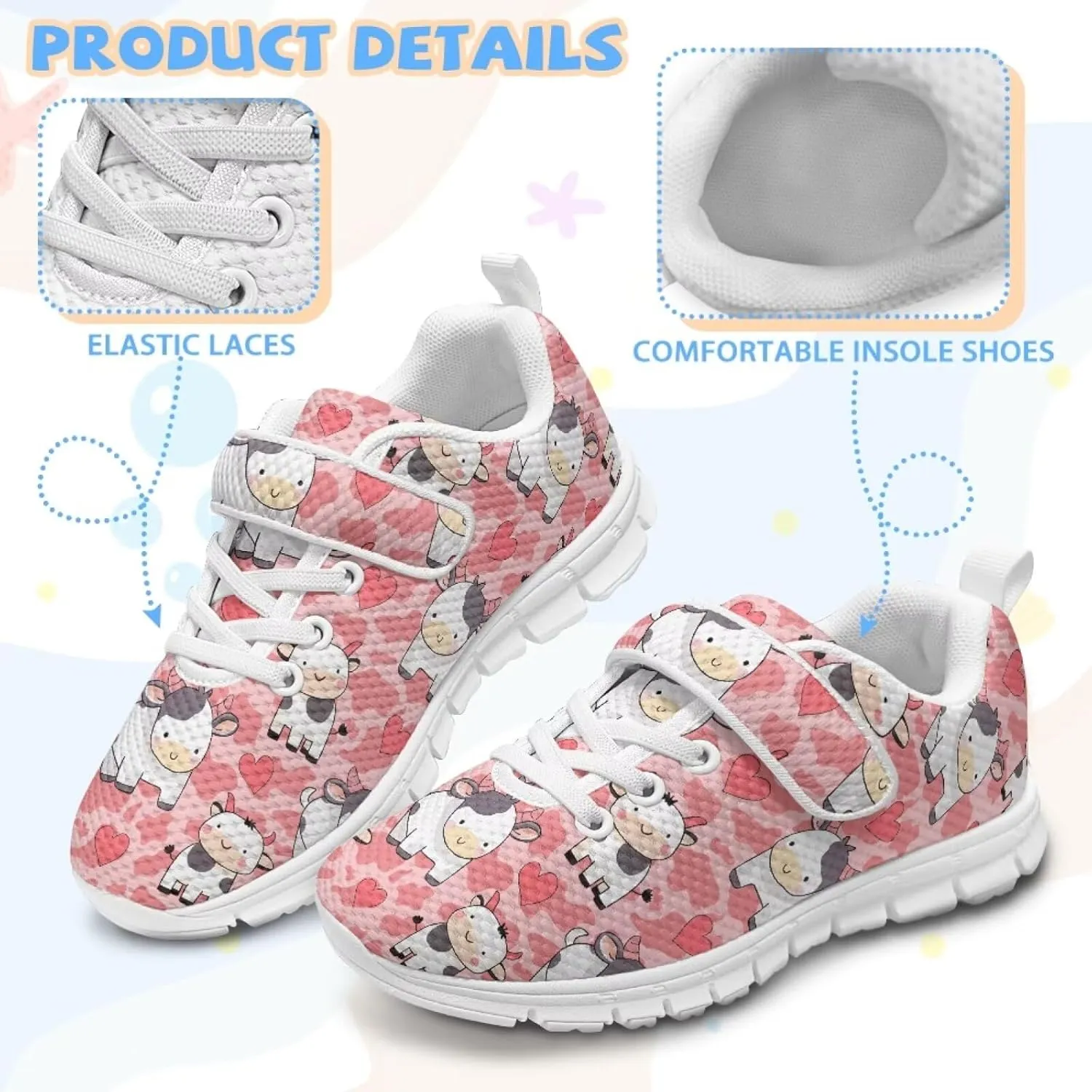 Kids Sneakers Cute Animals Print Sports Shoes for Girls Athletic Shoes Mesh Walking Shoes Non Slip Tennis Pop Shoes Single Buckle Sneakers