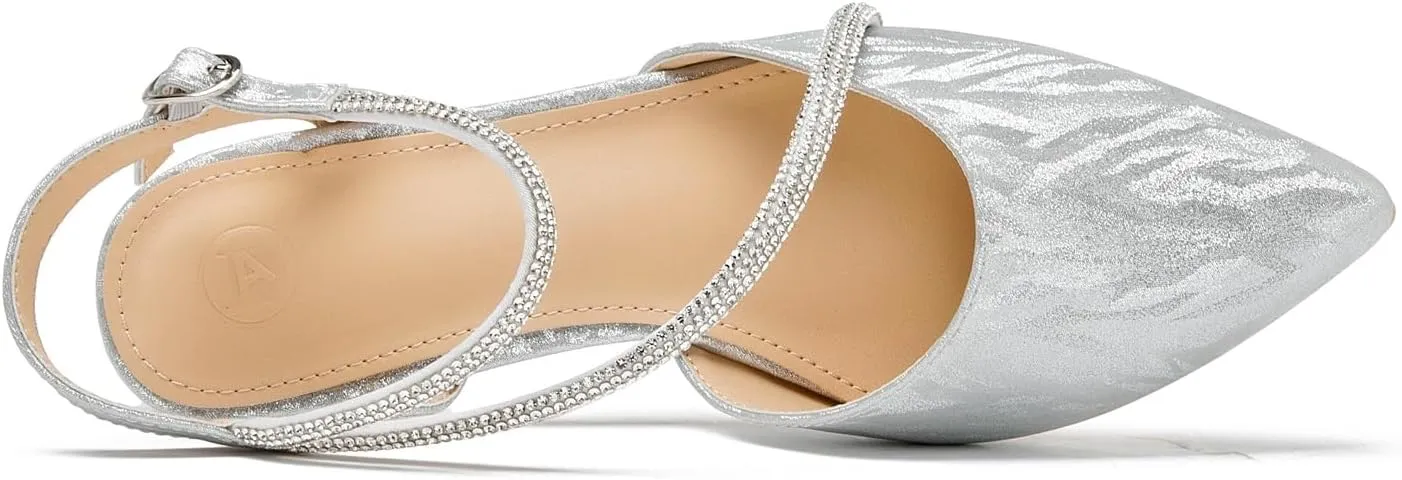 kkdom Women's Sparkle Rhinestone Slingback Low Kitten Heels Closed Pointed Toe Ankle Strap Dress Pump Shoes