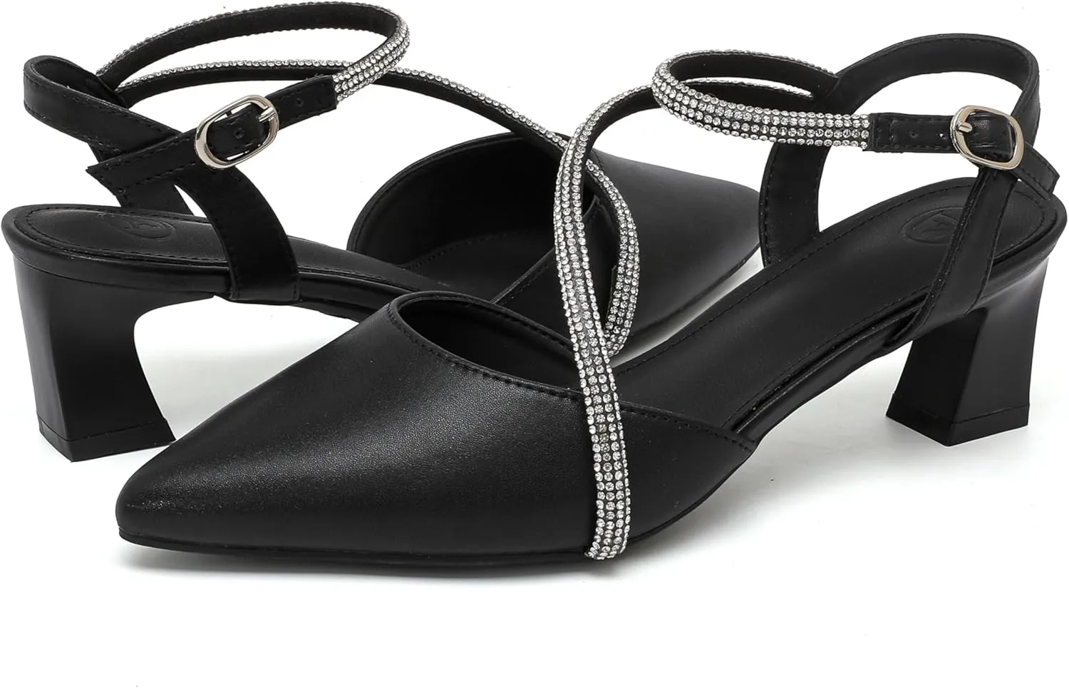 kkdom Women's Sparkle Rhinestone Slingback Low Kitten Heels Closed Pointed Toe Ankle Strap Dress Pump Shoes