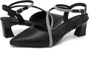 kkdom Women's Sparkle Rhinestone Slingback Low Kitten Heels Closed Pointed Toe Ankle Strap Dress Pump Shoes