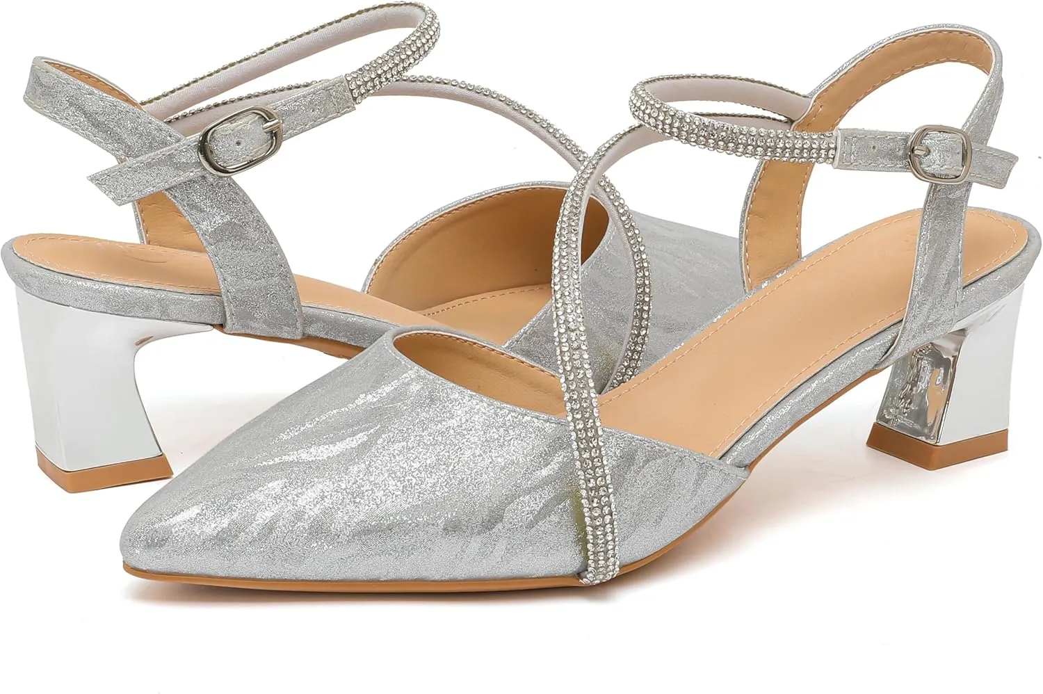 kkdom Women's Sparkle Rhinestone Slingback Low Kitten Heels Closed Pointed Toe Ankle Strap Dress Pump Shoes