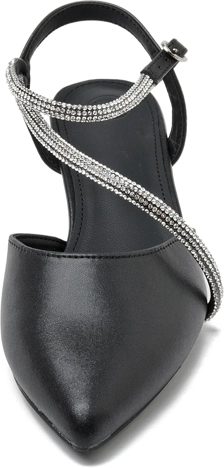 kkdom Women's Sparkle Rhinestone Slingback Low Kitten Heels Closed Pointed Toe Ankle Strap Dress Pump Shoes