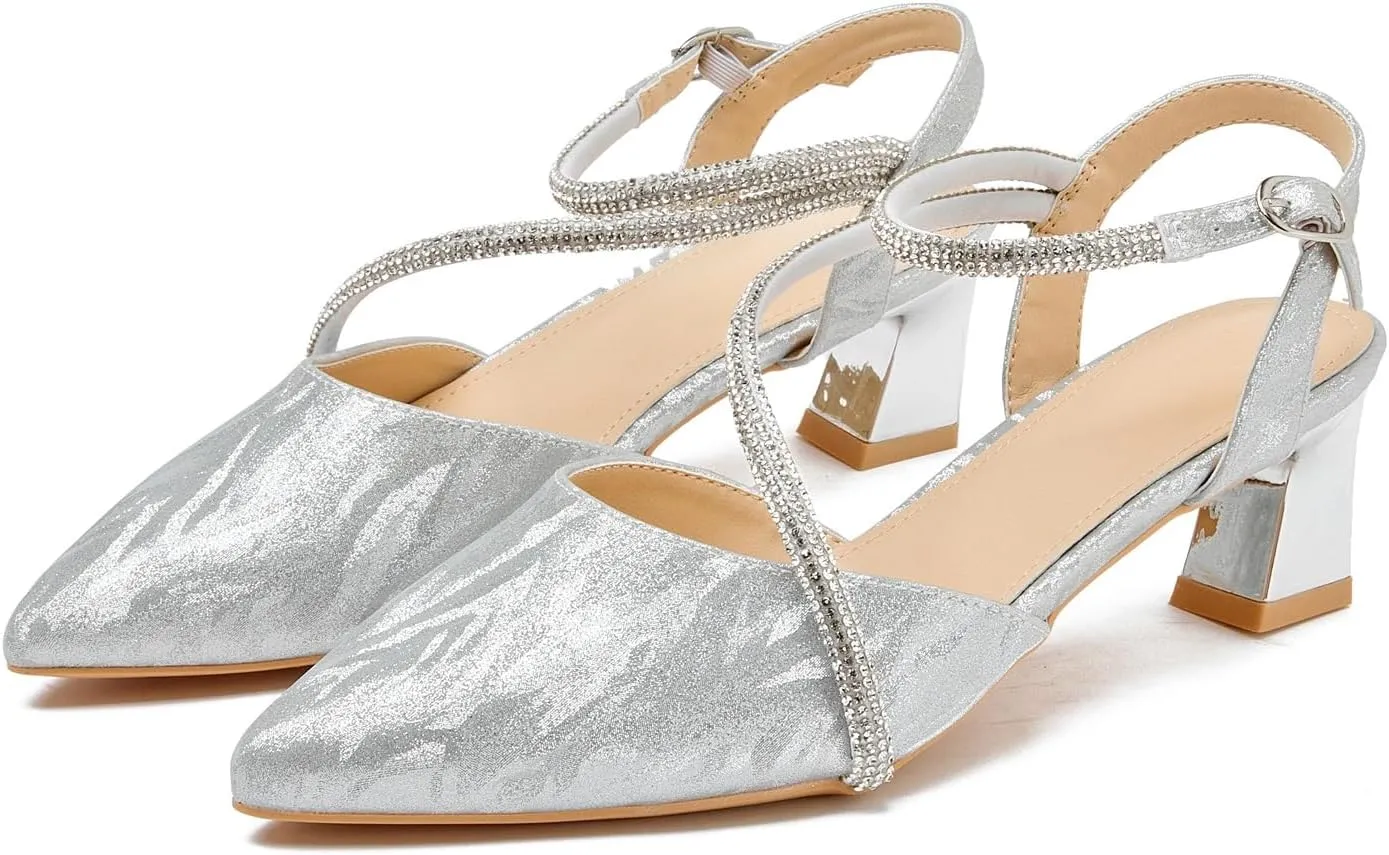 kkdom Women's Sparkle Rhinestone Slingback Low Kitten Heels Closed Pointed Toe Ankle Strap Dress Pump Shoes