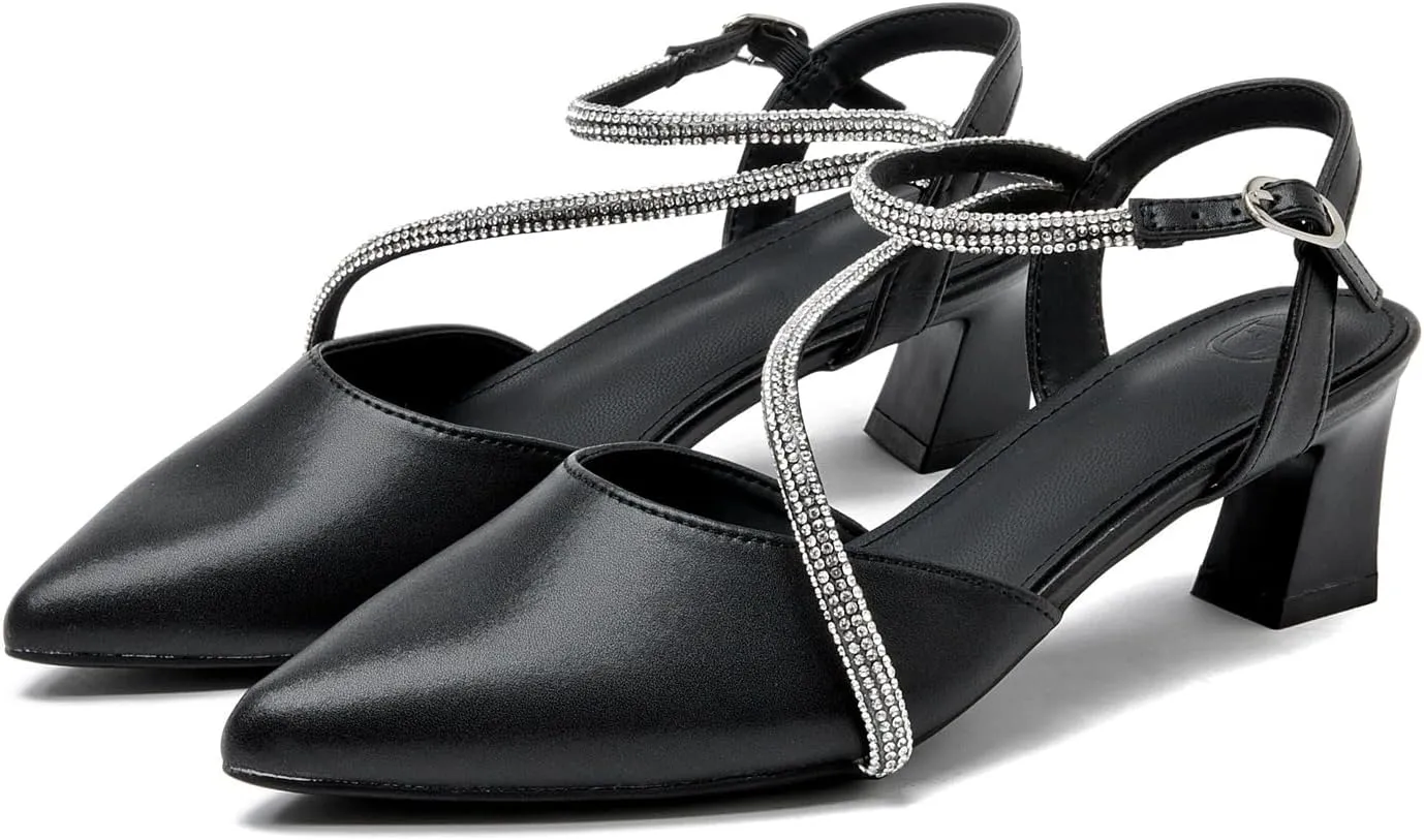kkdom Women's Sparkle Rhinestone Slingback Low Kitten Heels Closed Pointed Toe Ankle Strap Dress Pump Shoes