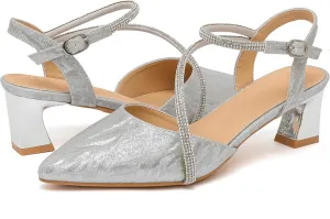 kkdom Women's Sparkle Rhinestone Slingback Low Kitten Heels Closed Pointed Toe Ankle Strap Dress Pump Shoes
