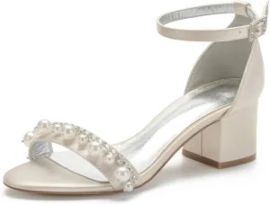 Ladies Mid Low Block Heel Strappy Sandals Pearl Satin Evening Party Wedding Shoes