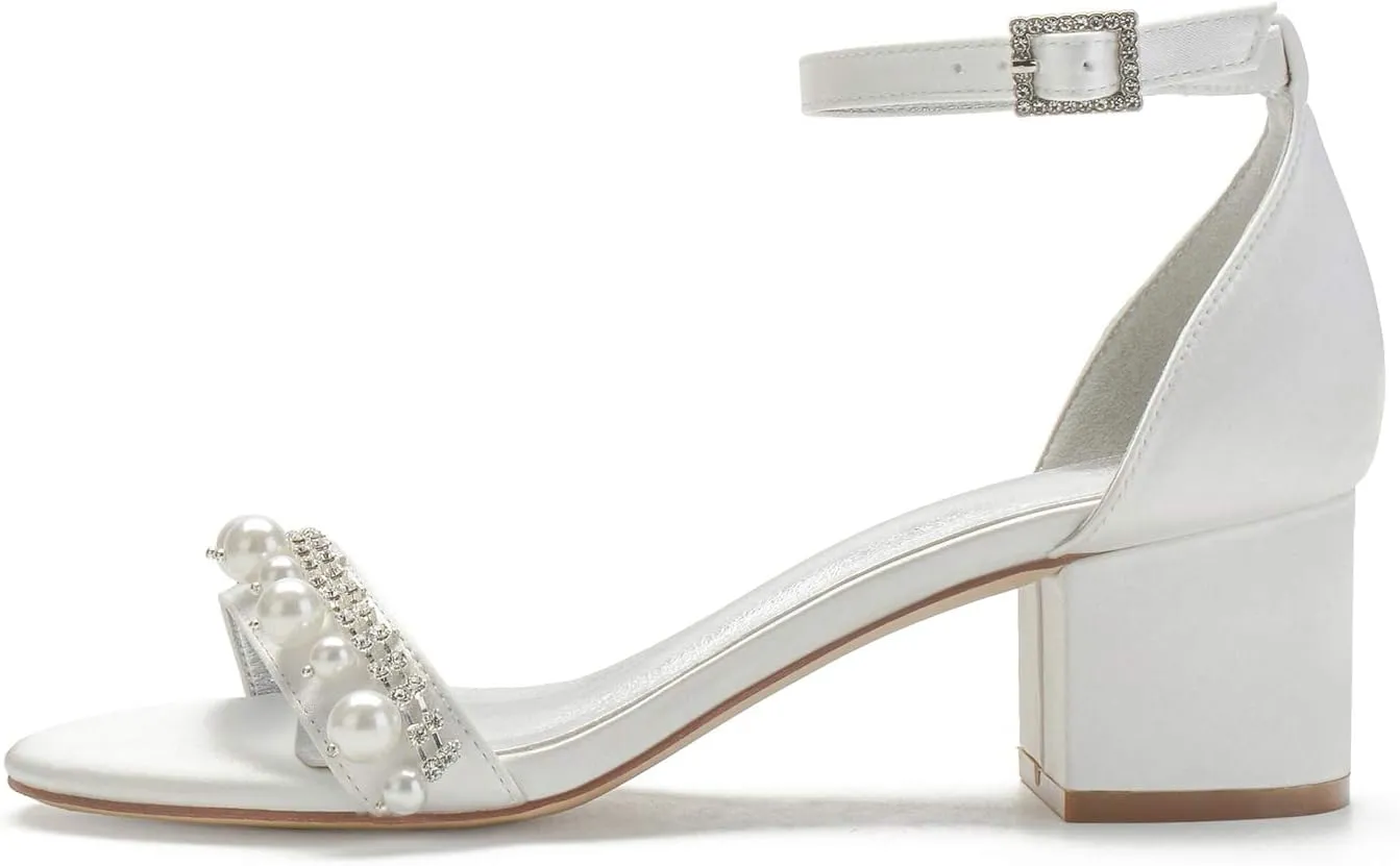 Ladies Mid Low Block Heel Strappy Sandals Pearl Satin Evening Party Wedding Shoes
