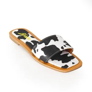 Liliana MINDEE-2 Black and White Cow Print Flat Sandal Slide