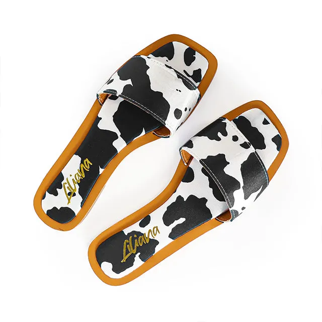 Liliana MINDEE-2 Black and White Cow Print Flat Sandal Slide