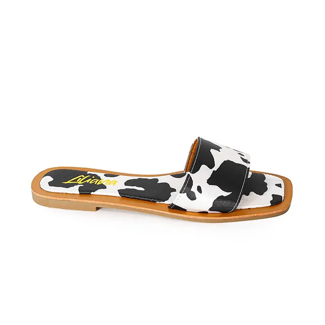 Liliana MINDEE-2 Black and White Cow Print Flat Sandal Slide
