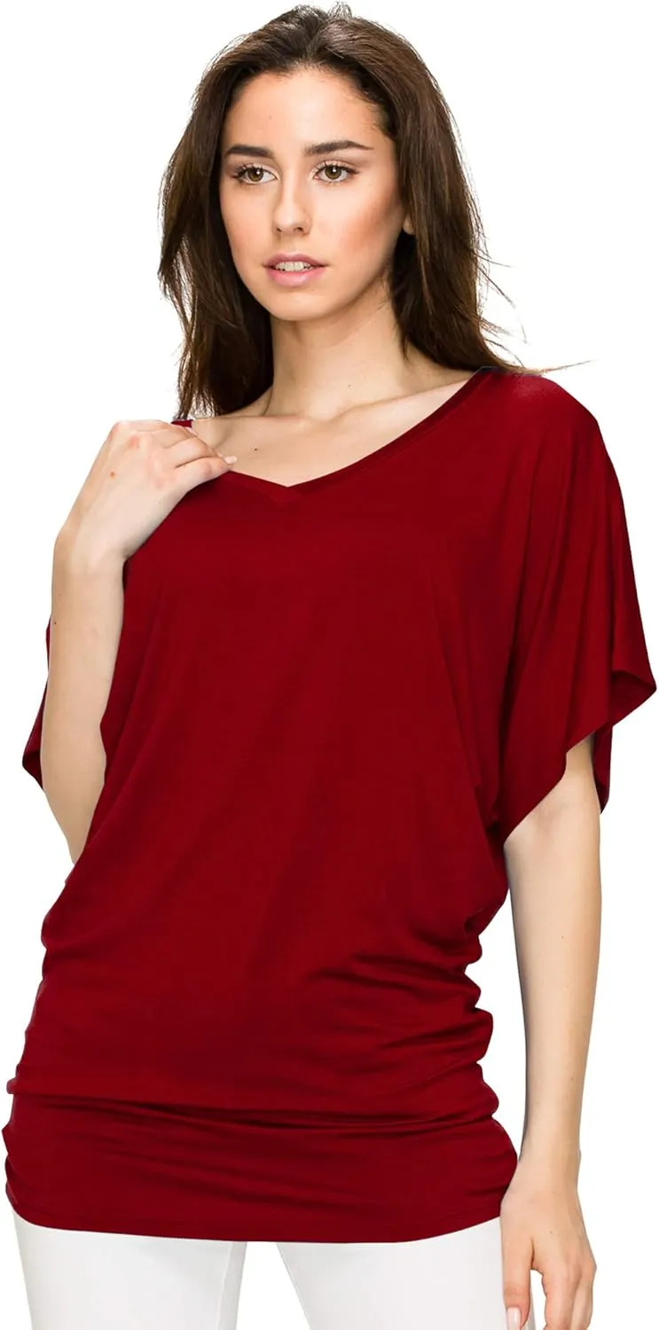 Lock and Love Women's Versatile Casual Short Sleeve Dolman Top – Loose Fit Boat Neck & V-Neck T-Shirt