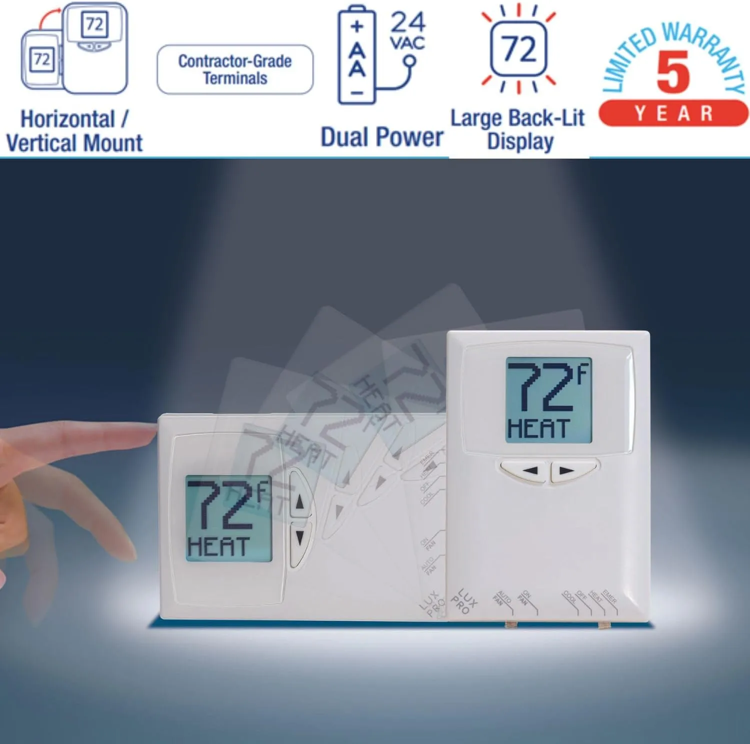 Lux Pro PSDH121B Non-Programmable Thermostat; Heat Pump Only; 2 Heat, 1 Cool; Batteries Included