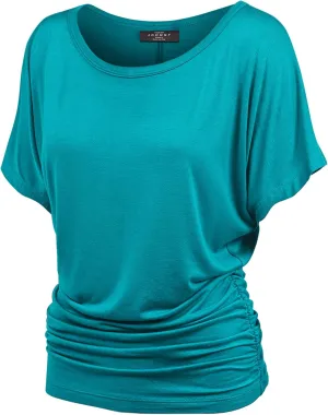 Made By Johnny Women's Casual Solid Short Sleeve Boat Neck/V Neck Dolman Top T Shirt with Side Shirring