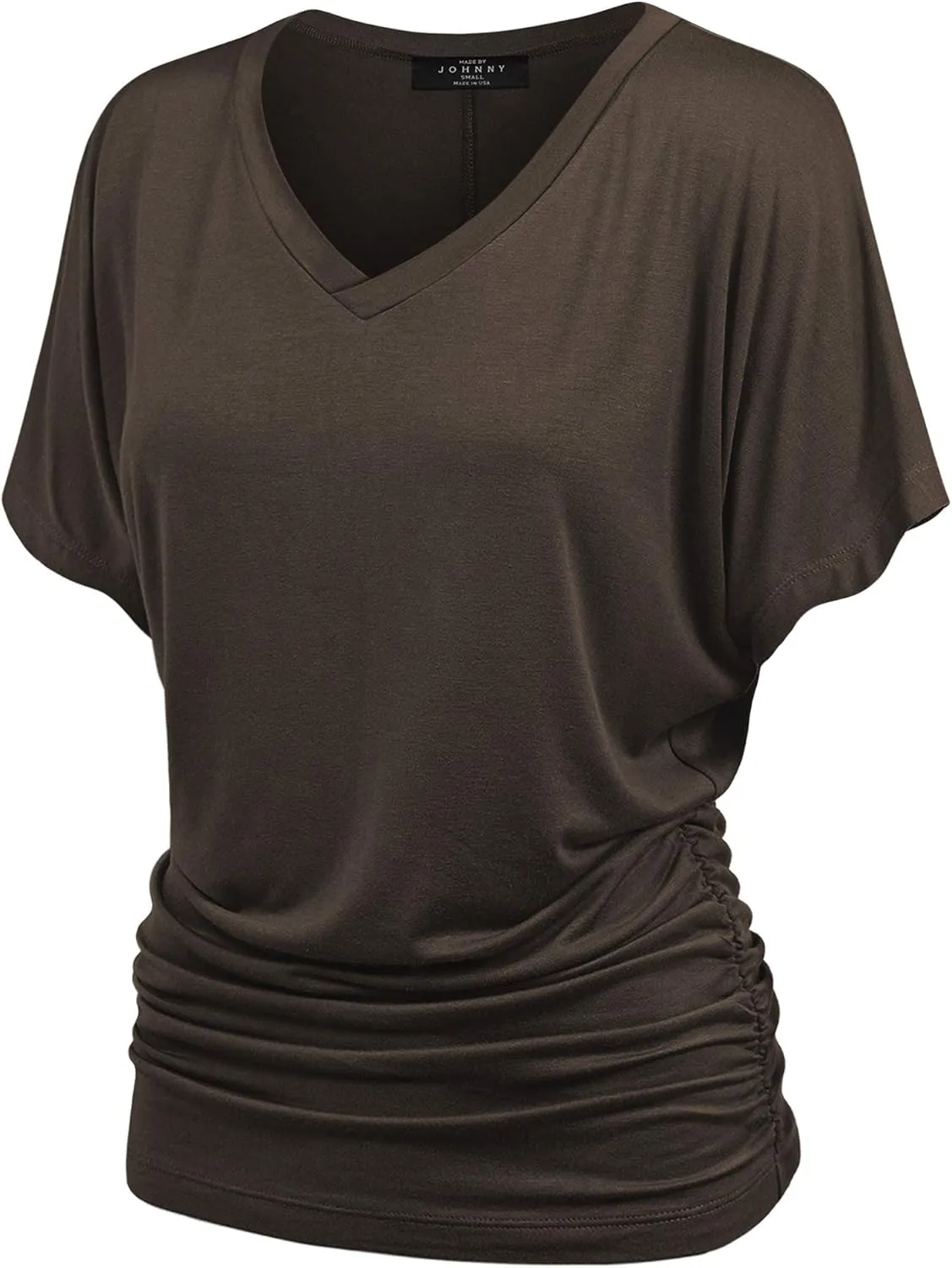 Made By Johnny Women's Casual Solid Short Sleeve Boat Neck/V Neck Dolman Top T Shirt with Side Shirring