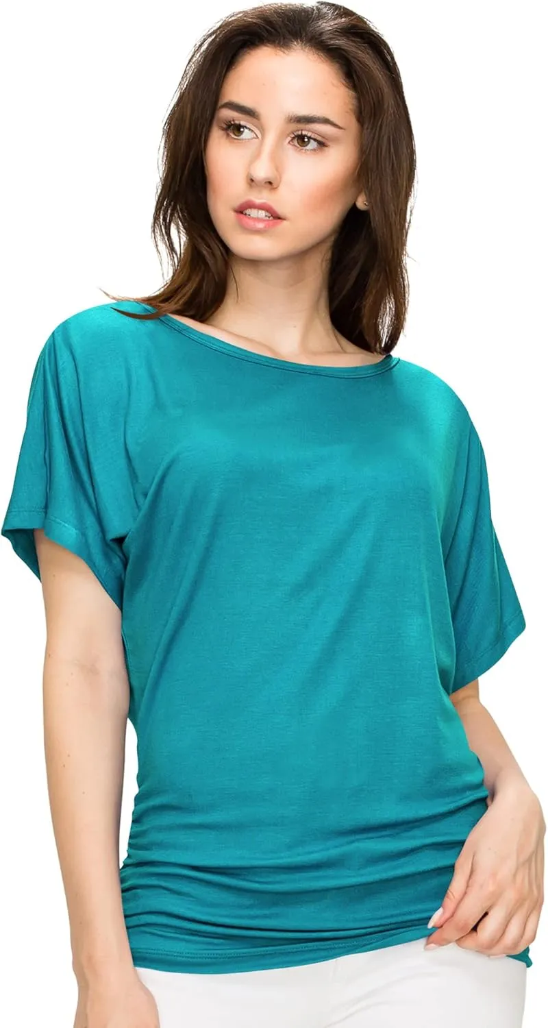 Made By Johnny Women's Casual Solid Short Sleeve Boat Neck/V Neck Dolman Top T Shirt with Side Shirring