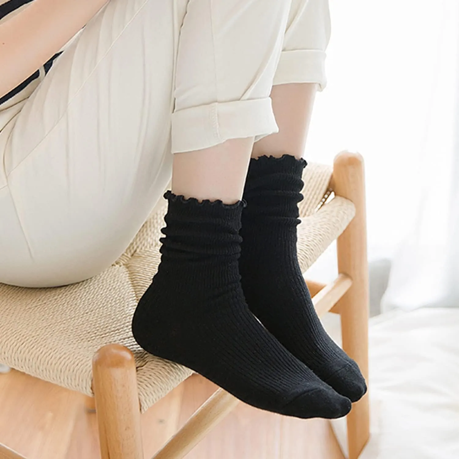 Mcool Mary Womens Socks, Ruffle Turn-Cuff Casual Crew Socks Breathable Cool Knit Cotton Lettuce Ankle Frilly Sock 6 Pack