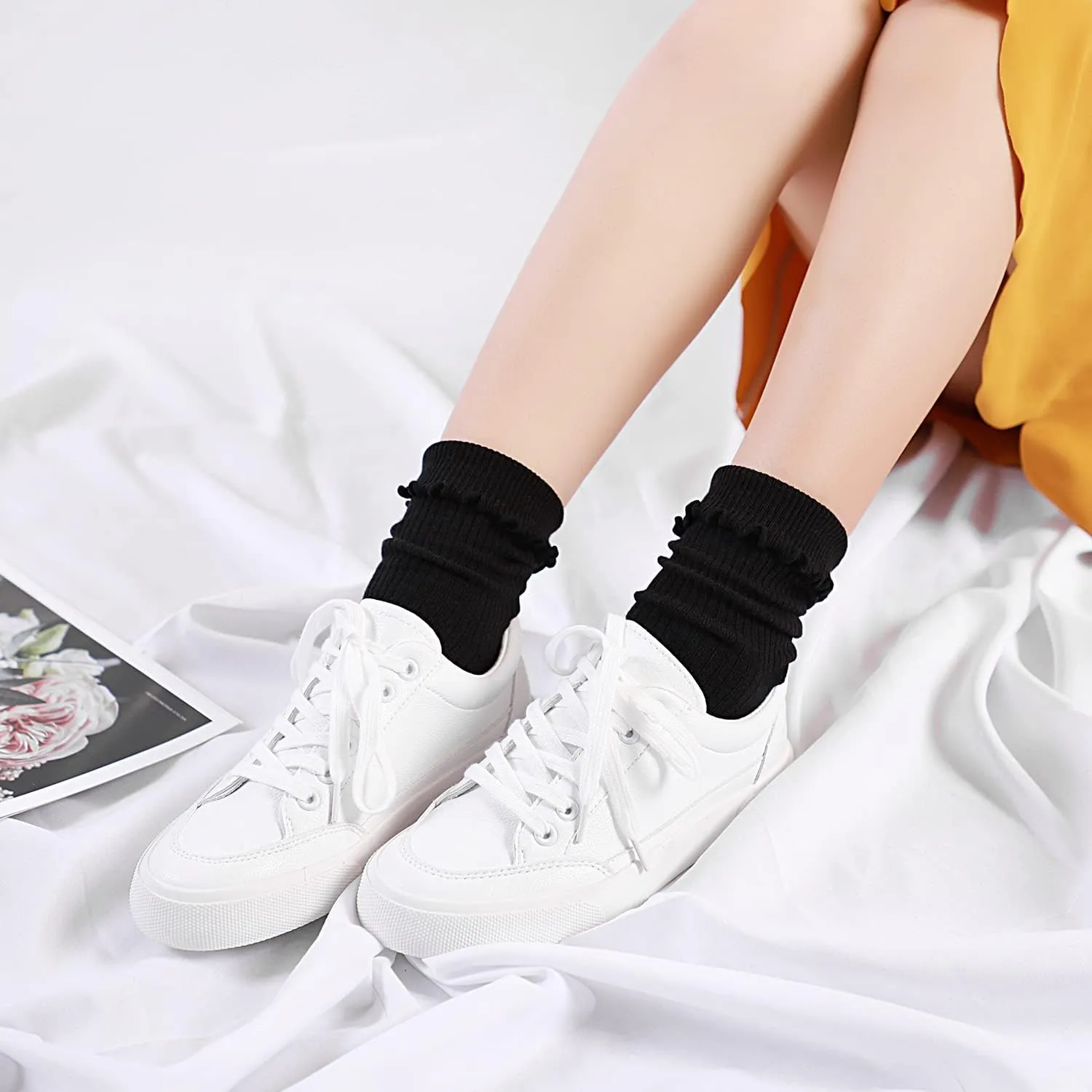 Mcool Mary Womens Socks, Ruffle Turn-Cuff Casual Crew Socks Breathable Cool Knit Cotton Lettuce Ankle Frilly Sock 6 Pack