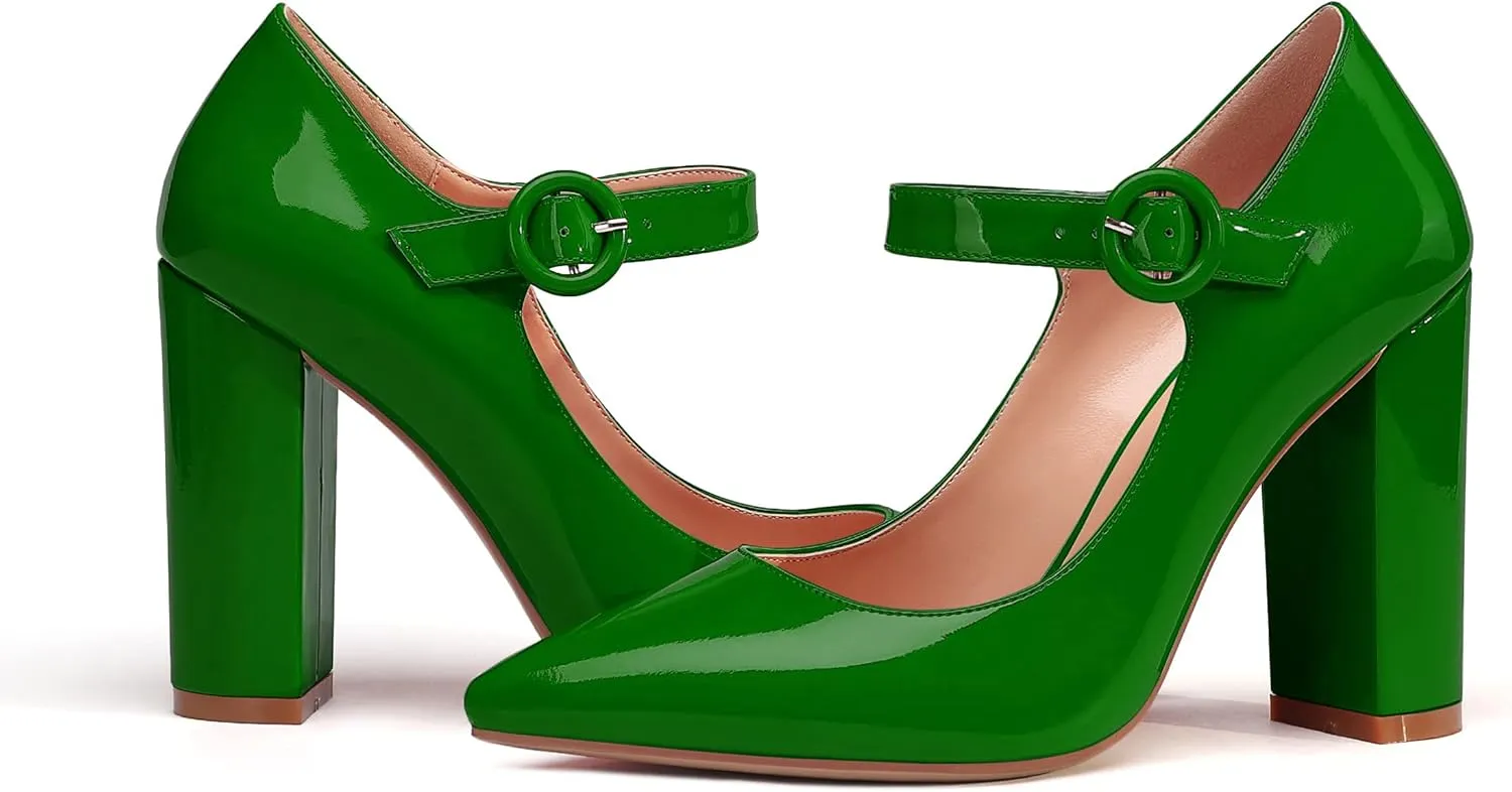 Mettesally Women's Chunky High Heel Mary Jane Pumps Closed Pointed Toe Work Church Wedding Dress Shoes