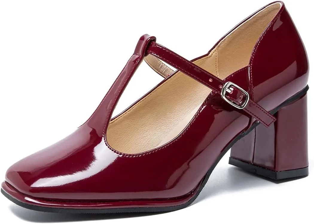 miss left Women Closed Square Toe Mary Jane Pump T-Strap Mid Block Chunky Heeled Comfy Party Work Dress Shoes Size 4-16 US