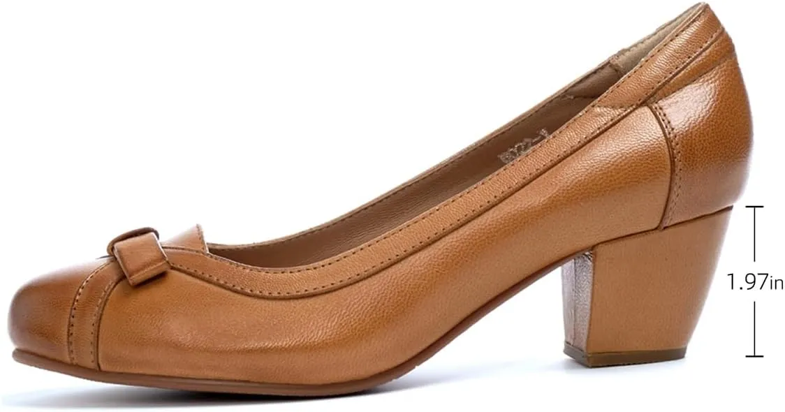 Mona flying Women's Leather 5 cm Pump Chunky Med Heel Round Toe Office Dress Shoes for Ladies