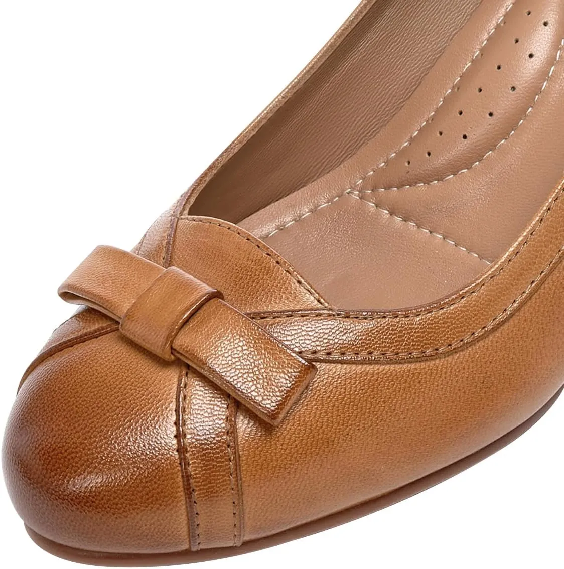 Mona flying Women's Leather 5 cm Pump Chunky Med Heel Round Toe Office Dress Shoes for Ladies