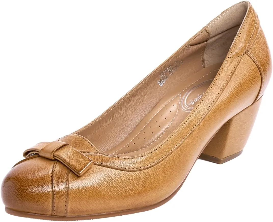 Mona flying Women's Leather 5 cm Pump Chunky Med Heel Round Toe Office Dress Shoes for Ladies