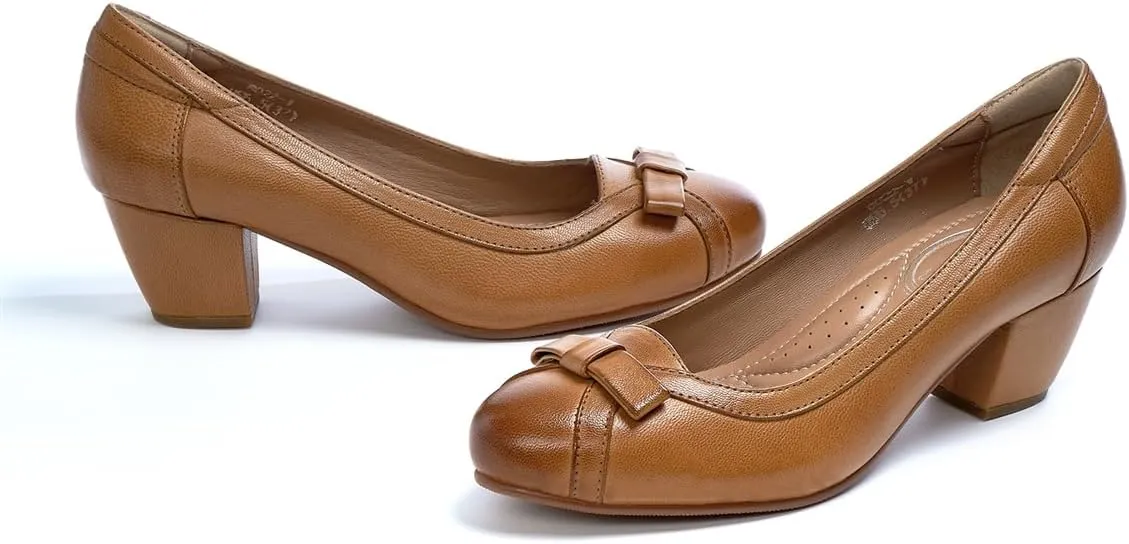 Mona flying Women's Leather 5 cm Pump Chunky Med Heel Round Toe Office Dress Shoes for Ladies