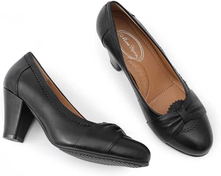 Mona flying Women's Vintage Leather Pump Chunky Heel Round Toe Office Dress Shoes for Ladies