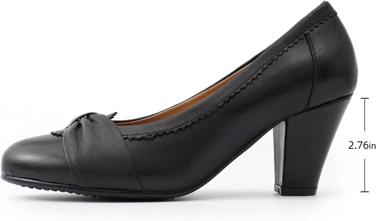 Mona flying Women's Vintage Leather Pump Chunky Heel Round Toe Office Dress Shoes for Ladies