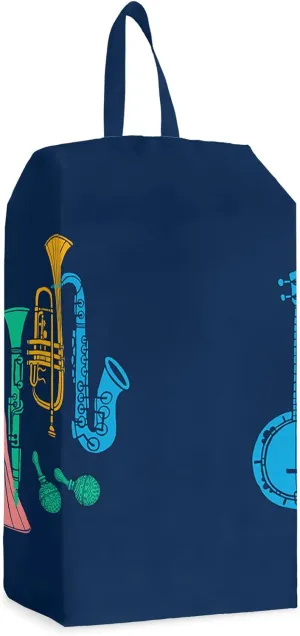 Music Shoe Bags,X-Large Travel Golf Shoes Pouch Bags Storage Organizer Accessories with Zipper & Handle for Men, Women, Kids, Traveling, Gym, Sport, Vintage Guitar Piano Recorder Saxophone Navy Blue
