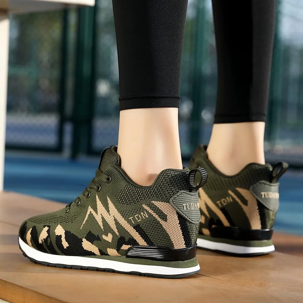 NCNDB Women's Camouflage Wedges Sneakers Inner Heightening Walking High-Heel Leisure Shoes US 4.5-10