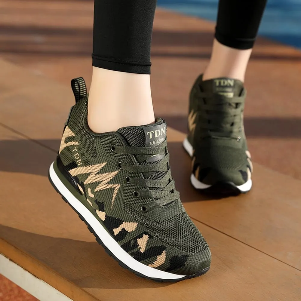 NCNDB Women's Camouflage Wedges Sneakers Inner Heightening Walking High-Heel Leisure Shoes US 4.5-10