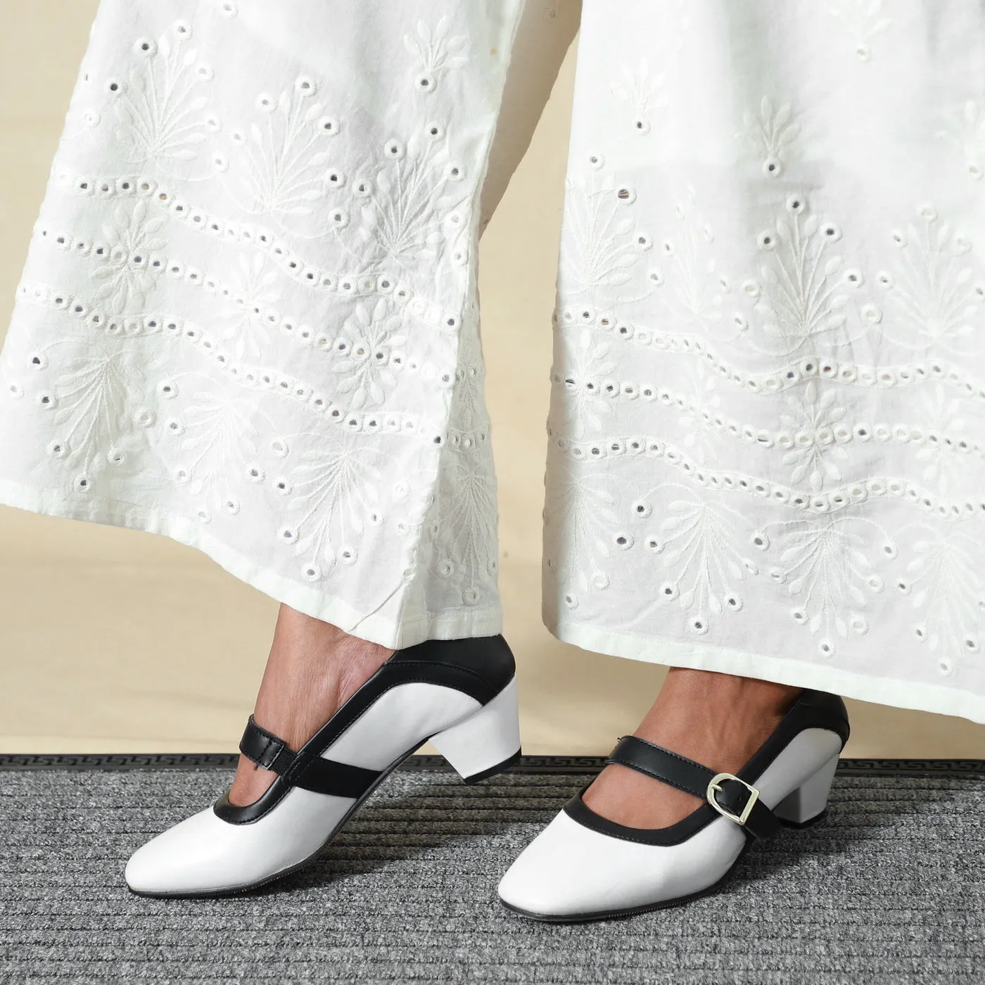 NICHE Women French White-Black Low Heel Pumps