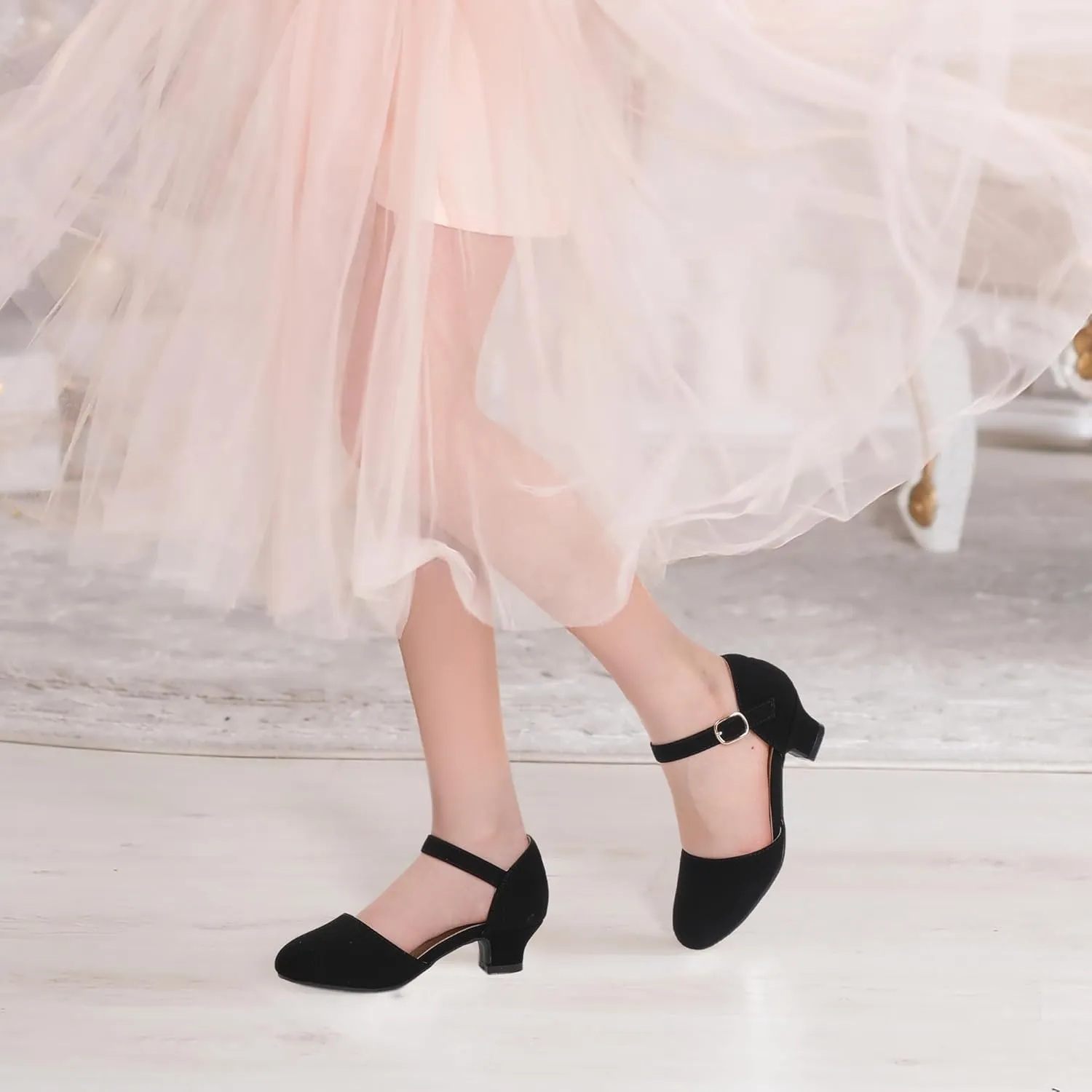 PANDANINJIA Girls Heels Dress Shoes Flower Girl Ankle Strap Closed Toe Toddler Heels Wedding Party Little Big Kids Pump Shoes