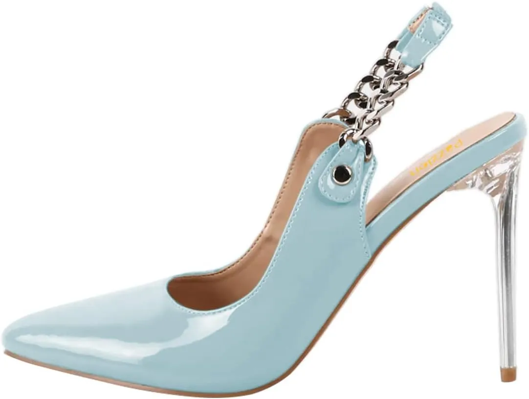 Pazzion Women Pointed Toe High Heel Slingback Pumps Elastic Chain Strap Clear Stiletto Heels Slip On Shoes Daily Outdoor Party Size 4-16 US