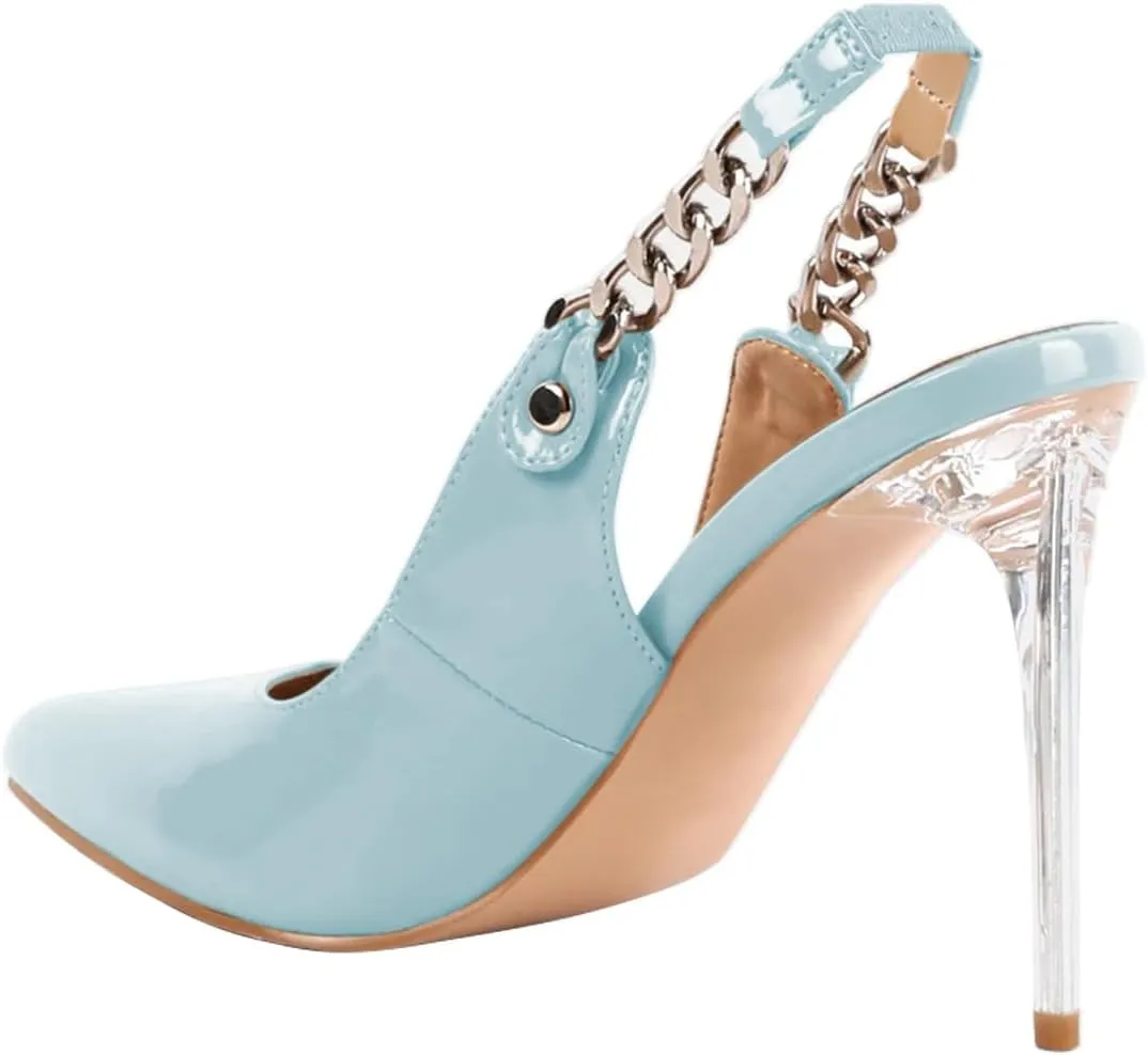 Pazzion Women Pointed Toe High Heel Slingback Pumps Elastic Chain Strap Clear Stiletto Heels Slip On Shoes Daily Outdoor Party Size 4-16 US
