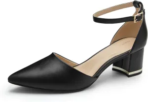 Pointed Toe Low Chunky Heels Pump Shoes Closed Toe Heels for Women Low Block Chunky Women Pumps with Ankle Strap 2.25 Inch Comfortable Wedding Pumps